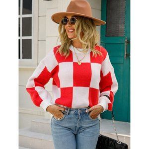 Checkered Dropped Shoulder Knit Pullover